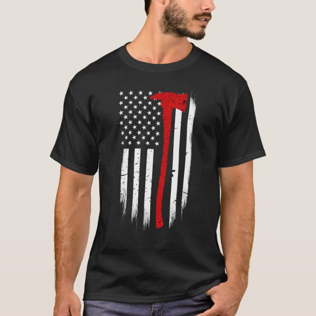 Firefighter American Flag Axe Firefighter Support  T-Shirt (Front)