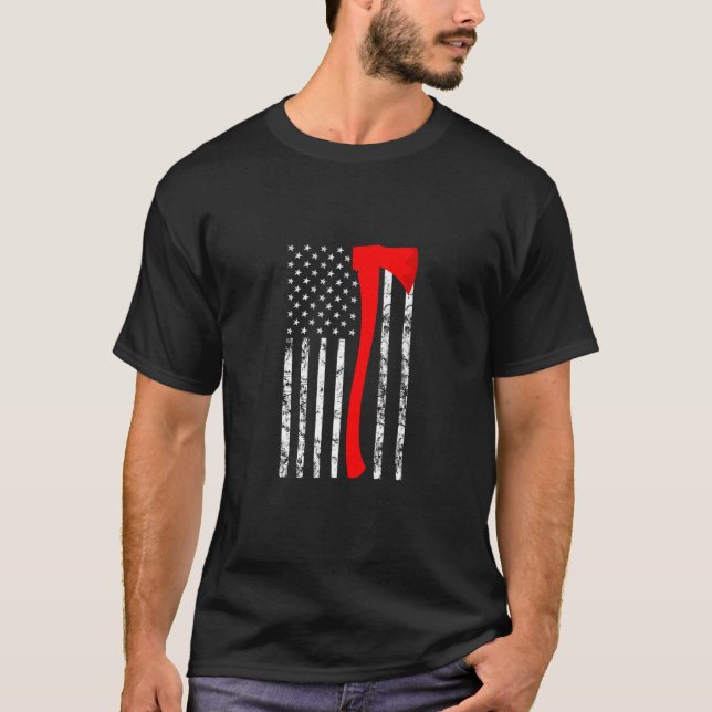 Firefighter American Flag Axe Thin Red Line T-Shirt (Front)
