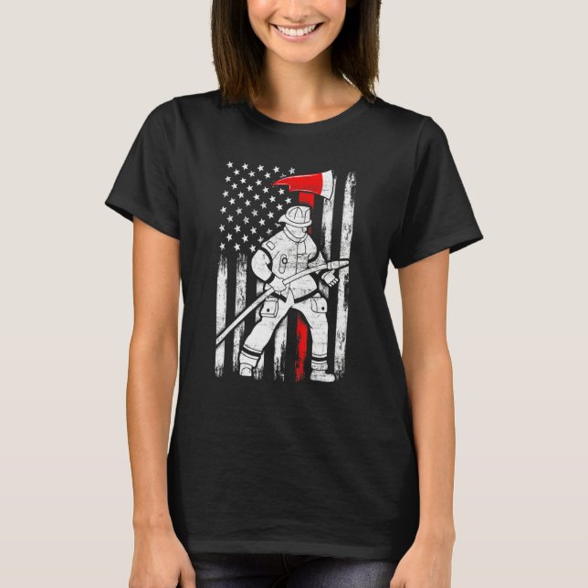 Firefighter American Flag Patriotic US Fireman 4th T-Shirt (Front)