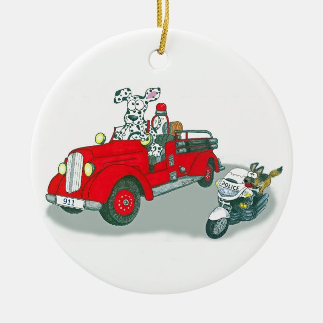 Firefighter and Police Dogs Ceramic Tree Decoration (Front)