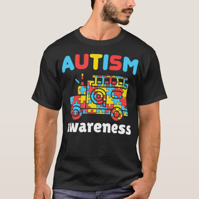 Firefighter Autism Awareness Puzzle Pieces Fire T-Shirt (Front)