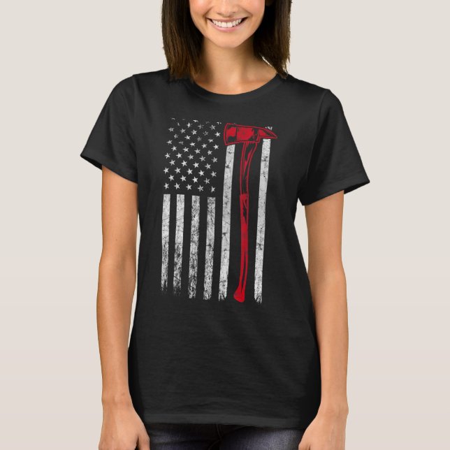 Firefighter Axe Usa Flag Thin Red Line Fireman Pat T-Shirt (Front)