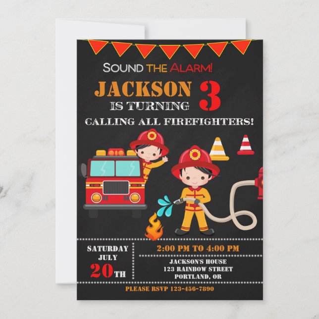 Firefighter birthday invitation Fire truck party (Front)
