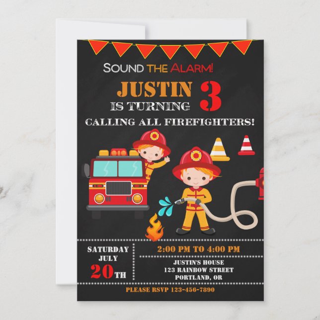Firefighter birthday invitation Fire truck party (Front)