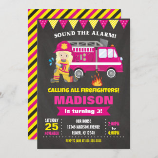 Firefighter Birthday Invitation Girl Pink