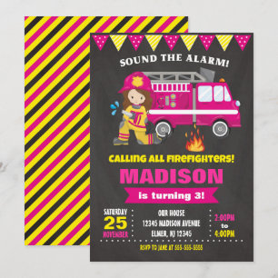Firefighter Birthday Invitation Girl Pink