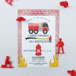 Firefighter Birthday Party Invitation<br><div class="desc">A fireman themed birthday party invitation featuring an illustration of a firetruck,  flames,  axe,  and fire hydrant.  Background on front and back is brick.  Personalise the text with details of your occasion.  Coordinating postage,  stickers,  and more are available at Jill's Paperie.</div>