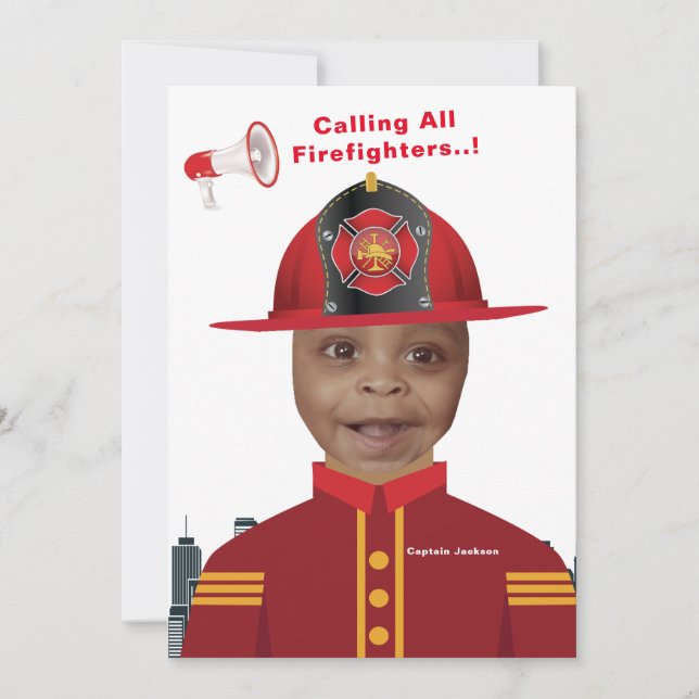 Firefighter Boys Face in Hole Photo Birthday Invitation (Front)
