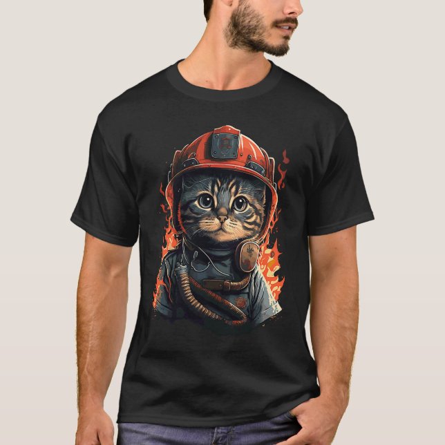 Firefighter Cat Kitten Fireman Helmet Firefighter  T-Shirt (Front)