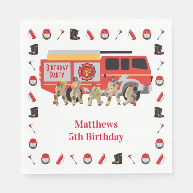 Firefighter Child Birthday Party Theme Design Napkin (Front)