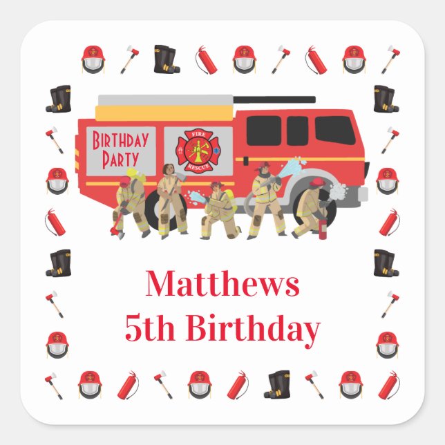 Firefighter Child Birthday Party Theme Design Square Sticker (Front)