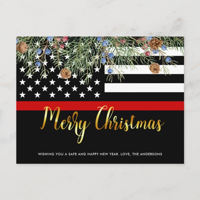 Firefighter Christmas Thin Red Line Fireman Flag Holiday Postcard (Front)