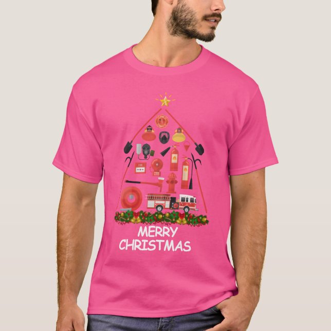 Firefighter Christmasree Merry Christmas funny T-Shirt (Front)