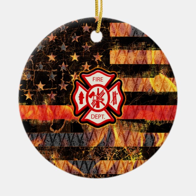 Firefighter Cross and Flames Ceramic Tree Decoration (Front)