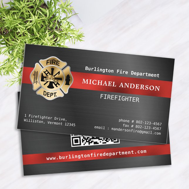 Firefighter Custom Fire Logo Metallic QR Code Business Card (Creator Uploaded)