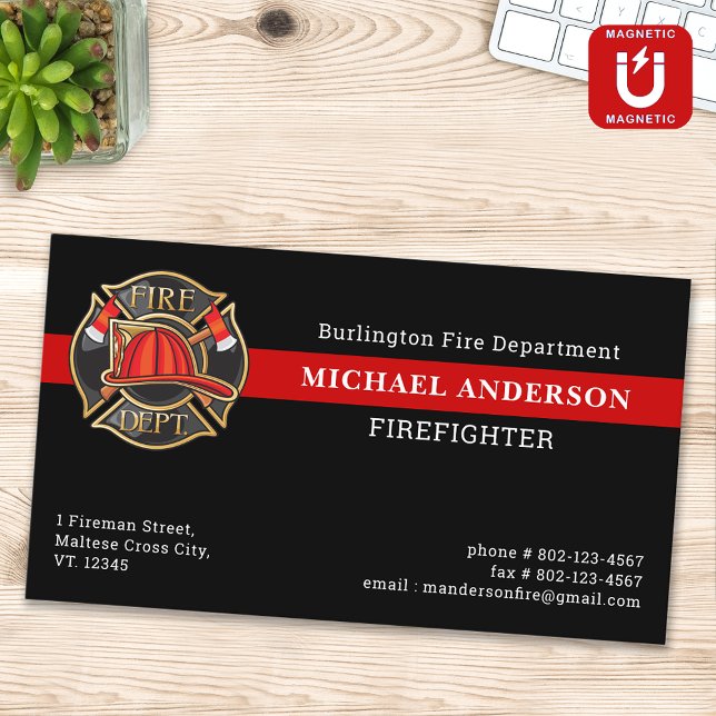 Firefighter Custom Fire Station Thin Red Line Logo Magnetic Business Card (Creator Uploaded)