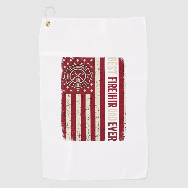 Firefighter Dad Vertical Flag Vintage Golf Towel (Front)
