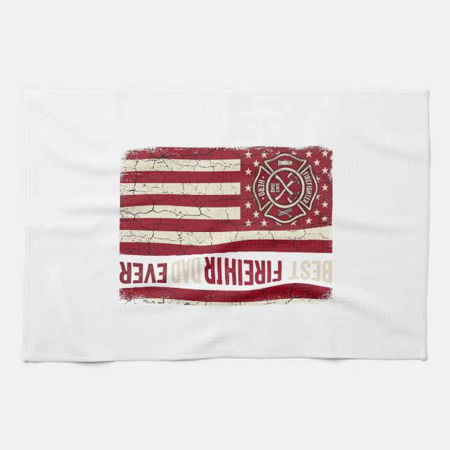Firefighter Dad Vertical Flag Vintage Tea Towel (Horizontal)