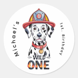 Firefighter Dalmatian Wild One 1st Birthday Party Classic Round Sticker