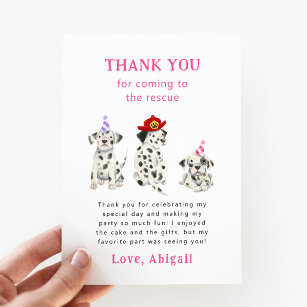 Firefighter Dalmatians Pink Birthday Party   Thank You Card