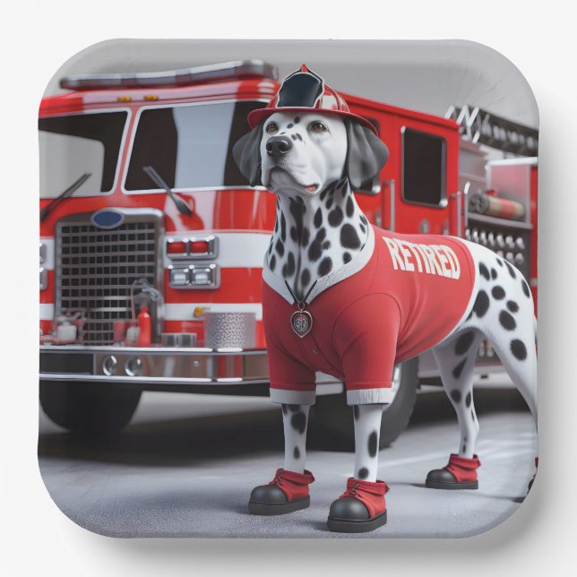 Firefighter Dalmation Wearing a Retired Shirt Paper Plate (Front)