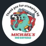 Firefighter Dinosaur Cartoon Kids Birthday Party Classic Round Sticker<br><div class="desc">Cute party favours for kids,  boys or girls who love dinosaurs and t-rex. Perfect for kids birthday party,  party favours and thank you label. You can also customise the text for baby shower or other occasion and party.</div>