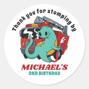 Firefighter Dinosaur Cartoon Kids Birthday Party Classic Round Sticker