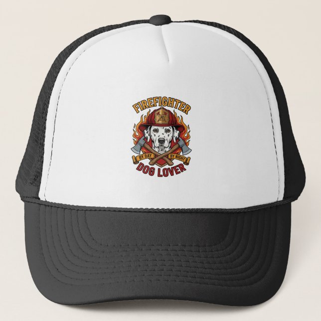 Firefighter Dog Lover Dalmatian Fire Helmet Axes F Trucker Hat (Front)