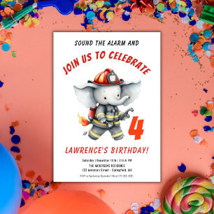 Firefighter Elephant Red Birthday Party Invitation