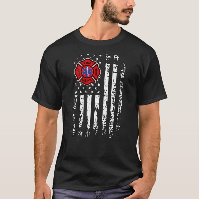 Firefighter EMT Firefighter EMS USA Flag Back Prin T-Shirt (Front)
