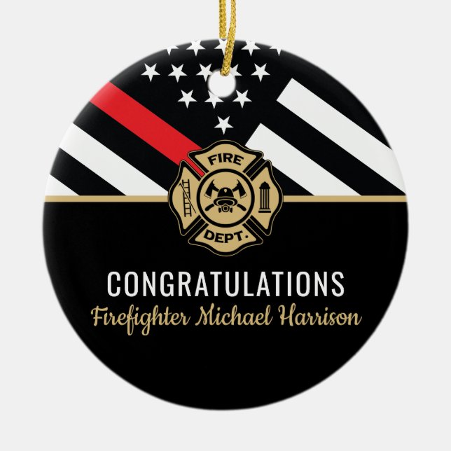 Firefighter Fire Academy Red Line Flag Graduation Ceramic Tree Decoration (Front)