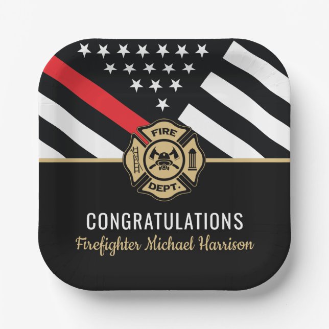 Firefighter Fire Academy Red Line Flag Graduation Paper Plate (Front)