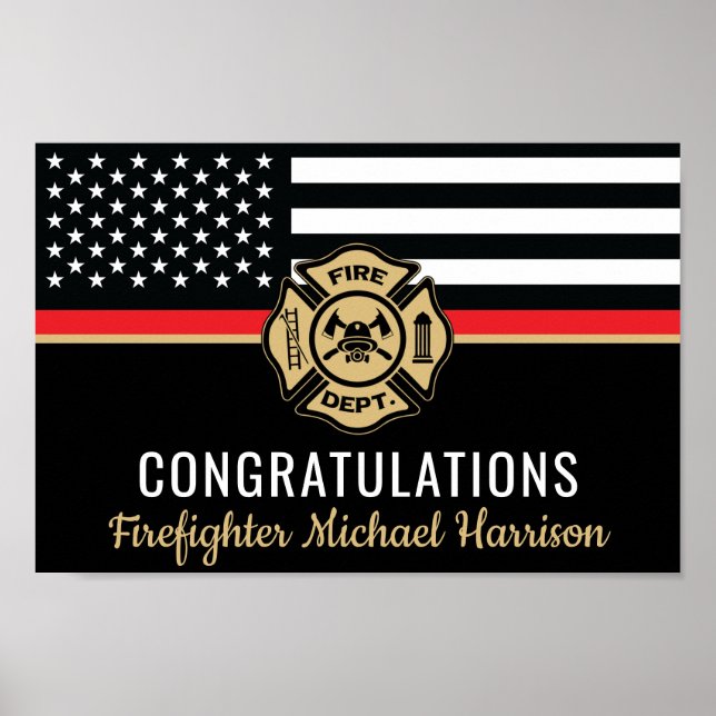 Firefighter Fire Academy Red Line Flag Graduation Poster (Front)