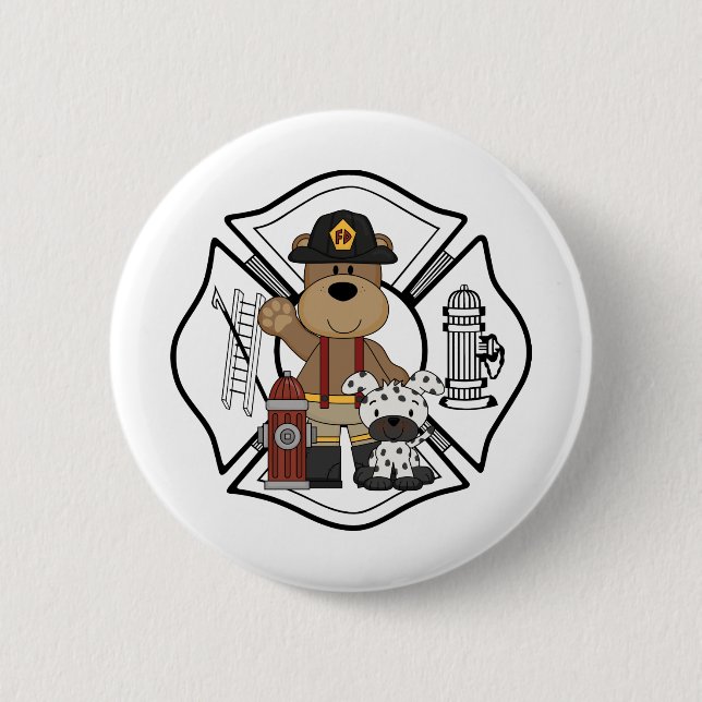 Firefighter Fire Dept Bear 6 Cm Round Badge (Front)