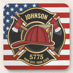 Firefighter Fire Rescue Department USA Flag Custom Coaster