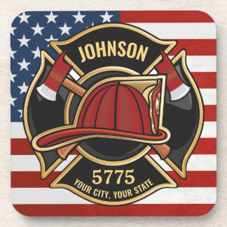 Firefighter Fire Rescue Department USA Flag Custom Coaster