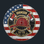 Firefighter Fire Rescue Department USA Flag Custom Dartboard<br><div class="desc">Firefighter NAME Fireman Fire Department USA Flag design - Emblem with Red Helmet and Axe. Customise with your Name,  Station/Dept Number and location.</div>