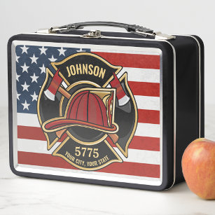 Firefighter Fire Rescue Department USA Flag Custom Metal Lunch Box