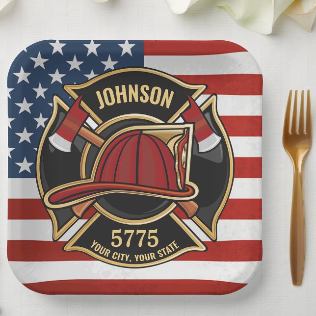 Firefighter Fire Rescue Department USA Flag Custom Paper Plate (Creator Uploaded)