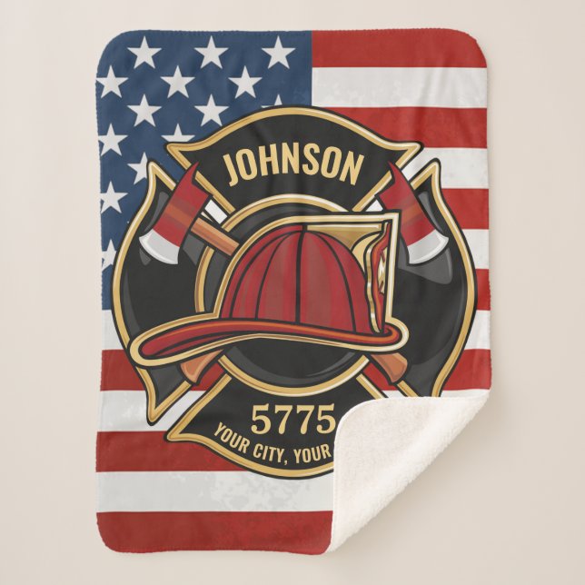 Firefighter Fire Rescue Department USA Flag Custom Sherpa Blanket (Front)
