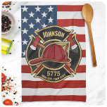 Firefighter Fire Rescue Department USA Flag Custom Tea Towel<br><div class="desc">Firefighter NAME Fireman Fire Department USA Flag design - Emblem with Red Helmet and Axe. Customise with your Name,  Station/Dept Number and location.</div>
