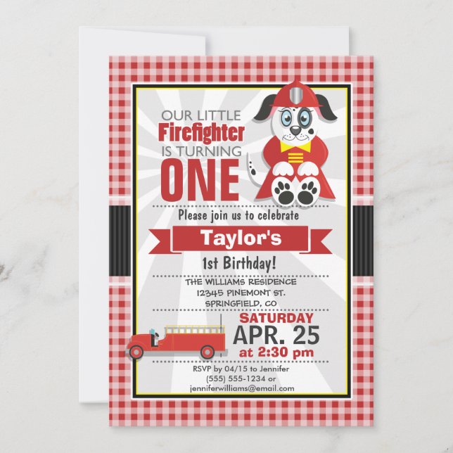 Firefighter, Fire Truck Birthday Party Invitation (Front)