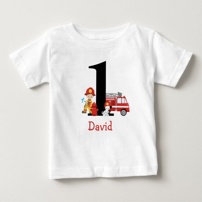 Firefighter Fire Truck Boy First Birthday Outfit Baby T-Shirt (Front)