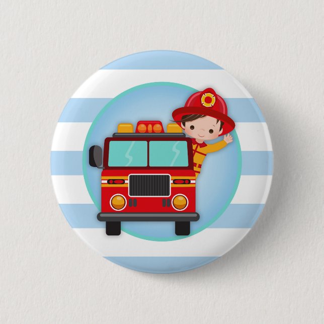 Firefighter Fire Truck Brown Hair Boy 6 Cm Round Badge (Front)