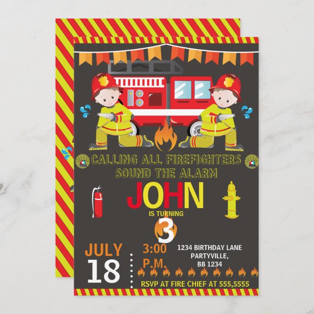 Firefighter Fire Truck chalkboard Birthday Party Invitation (Front/Back)