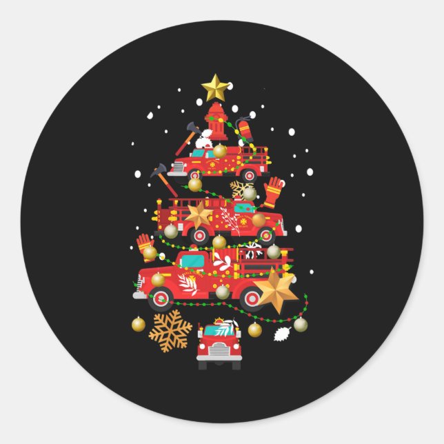 Firefighter Fire Truck Christmas Tree  Classic Round Sticker (Front)