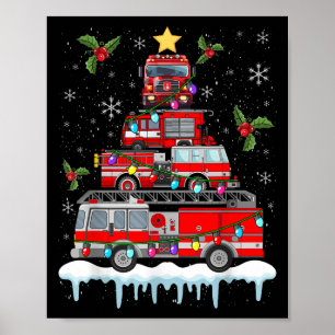 Firefighter Fire Truck Christmas Tree Lights Santa Poster