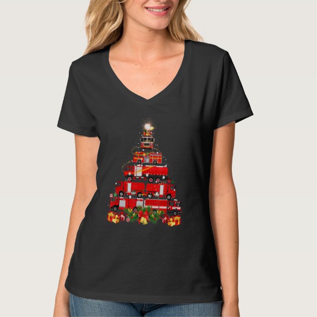 Firefighter Fire Truck Christmas Tree Xmas T-Shirt (Front)