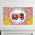 Firefighter Fire Truck Flames Brick Birthday Banner<br><div class="desc">Firetruck illustration with brick background and flames.  All text is customisable.</div>