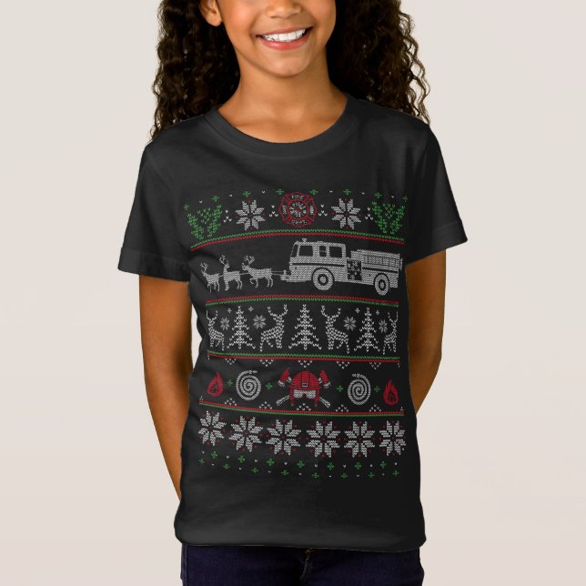 Firefighter Fire Truck Pulled by Reindeer Ugly Chr T-Shirt (Front)